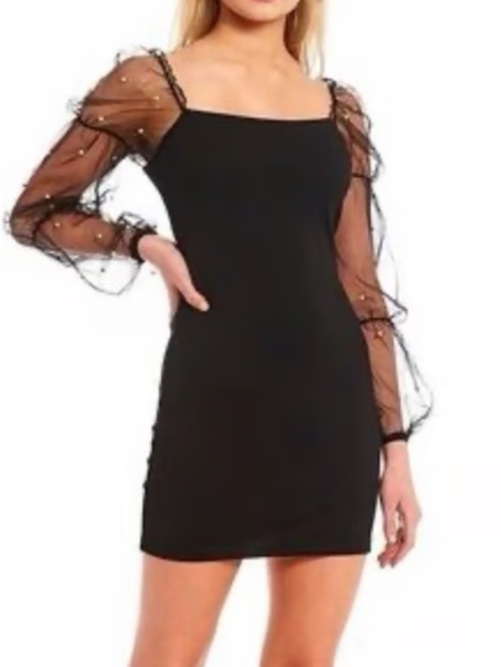 Thirty Thirty Black Sheer Pearl Sleeve Square Neck Mini Dress Size Small